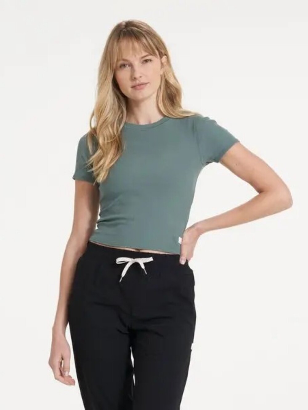 Vuori Olive Green Ribbed Pose Fitted Short Sleeve Tee T-Shirt In Washed Moss